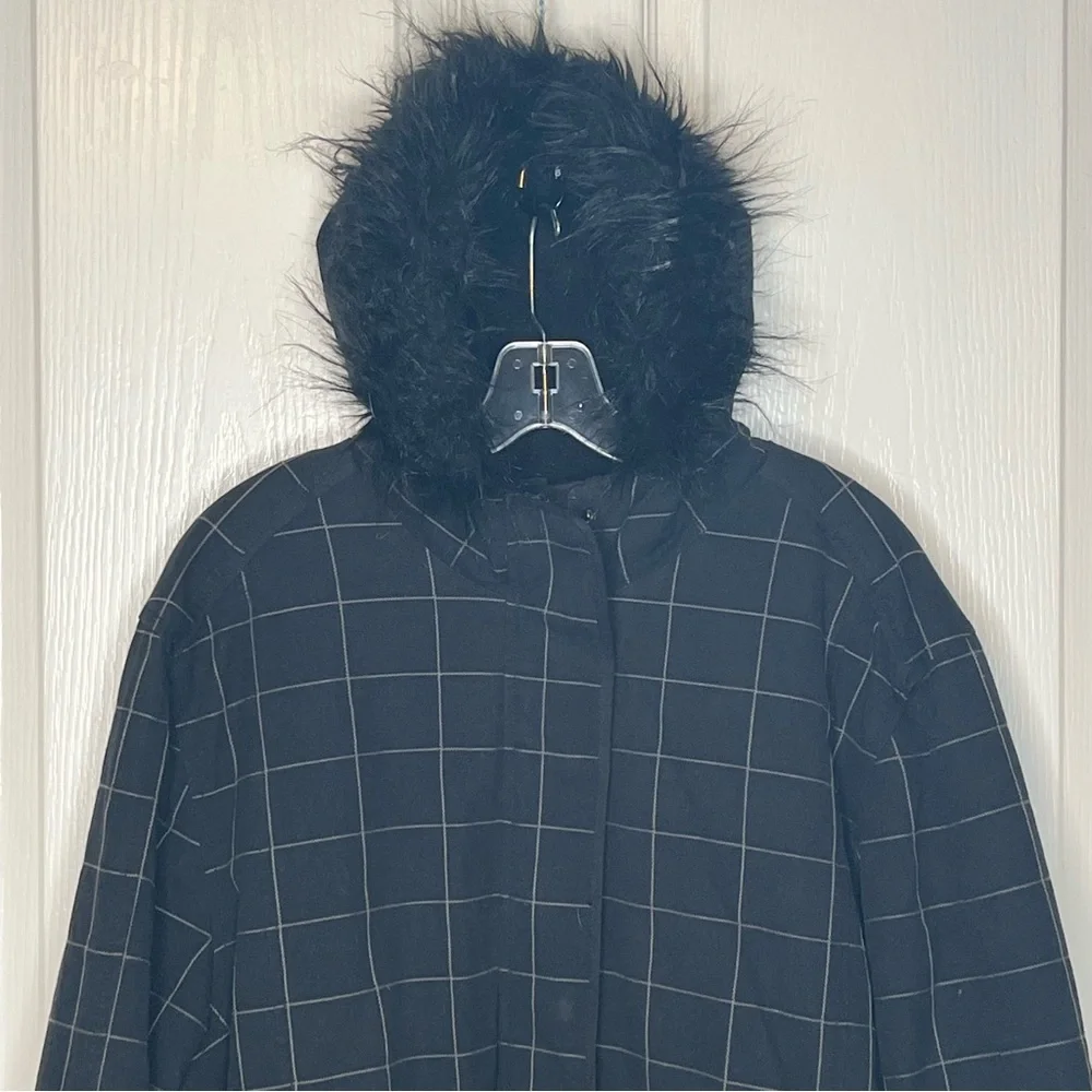 No Fear Thick Jacket Sz S Black Checkered Faux Fur Trim Hood Y2K Warm